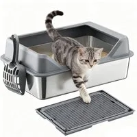 SURFOU Katzentoilette Edelstahl Katzentoilette Stainless Steel Litter Box 50 x 35 x 20cm, mit Katzenstreumatte Katzenstreu High-Sided Katzenklo Edelstahlklo