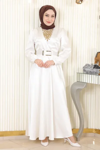 Stein Detailed Satin Abendkleid Weiß