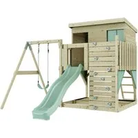 OutdoorToys Spielturm Tjorven, aus Holz in Mintgrün mit Kinderschaukel & Rutsche, Kletterwand