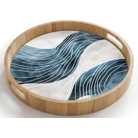 OnlyWow Tablett Rund mit Henkel Linien - Wellen - Abstrakt - Blau, Eichenholz, (1-tlg), Siervierplatte, Tray, Frühstücksbrett