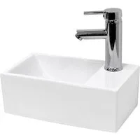 LuxeBath Waschbecken Aufsatzwaschbecken aus Keramik Handwaschbecken Wasserfall Waschtisch, Waschschale Aufsatzwaschtisch Weiß inkl. Ablaufgarnitur ohne Überlauf