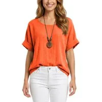 dy_mode Kurzarmbluse Damen Kurzarm Bluse Leichte Sommer Tunika Baumwollbluse Oberteil in Unifarbe, mit passende Kette