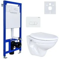 Belvit Tiefspül-WC Komplett Set WC Vorwandelement Spülkasten Hänge WC, Betätigungsplatte, Wandmontage, Abgang Wand, Komplett-Set, Spülrandlos, Pulverbeschichteter Stahlrahmen, höhenverstellbar