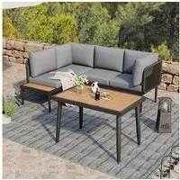 Ulife Gartenlounge-Set Garten-Essgruppe,Gartenmöbel Set für 4 Personen mit Ecksofa, Esstisch, (3-tlg), verzinktes Stahlrohr, Tischplatte Kunststoff Holz