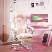 HOMCOM Schreibtischstuhl Gamingstuhl mit Fußstütze, höhenverstellbar (drehbar Gaming Sessel mit neigbare Rückenlehne, 1 St), Kunstleder, bis 120 kg, Rosa