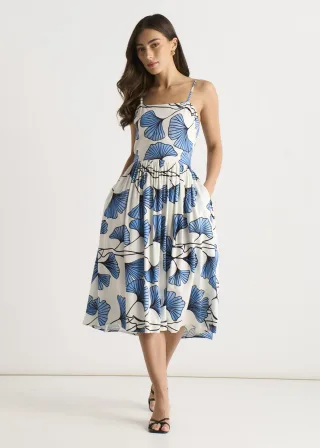 Blaues Cami-Kleid aus Leinenmischung mit Blumenmuster