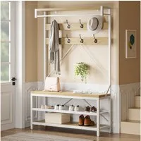 GarveeMore Garderobenständer 4-in-1 mit Sitzbank,3 Etagen Ablage und 8 Haken,183cm, mit Schuhbank,verstellbare Füße,Kleiderstange,101x40x183cm