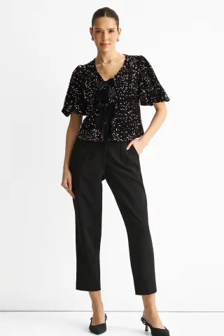 Lila Samt Pailletten Schleife Front Bubble Sleeve Top