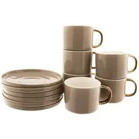 Mulex Kaffeeservice Porzellan-Kaffeetassen 200ml mit goldenem Henkel und Unterteller (12-tlg), 6 Personen
