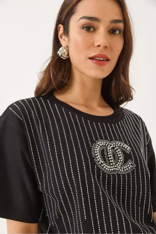 Gesticktes gestreiftes Rundhals-T-Shirt