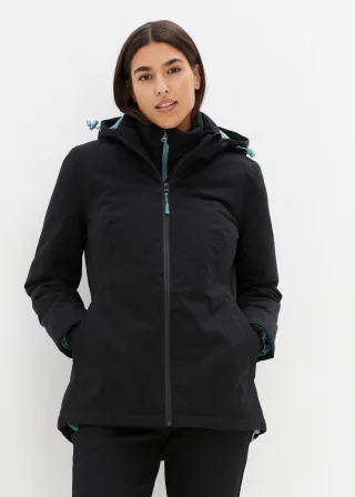 bonprix Wasserdichte 2in1 Optik Funktions-Jacke, schwarz, Gr.56, Winddichte Regenjacke