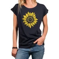 MAKAYA Print-Shirt Damen Blumenprint Sonnenblume Blumen Motiv Blumenmuster Sommer Top (Schwarz, Blau, Grün, Grau, 34, 36, 38, 40, 42, 44, 46, 48, 50) große Größen