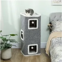 PawHut Kratztonne mit Spielball, Plüschrand, Katzenhöhle, (vierstöckige Katzentonne, 1-tlg., Kratzbaum), 100 cm Hoch 41 x 41 cm, für 1-2 Katzen unter 7kg, Grau