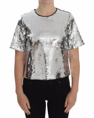 Dolce & Gabbana Frauen Bluse T-Shirt mit Rundhalsausschnitt aus silbernen Pailletten