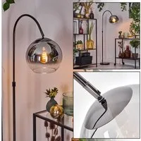 hofstein Bogenlampe Stehlampe aus Metall/Glas in Schwarz/Chrom/Rauch/Klar im Retro-Design, verstellbare Stehleuchte mit Glasschirmen (25cm) u. Fußschalter, E27