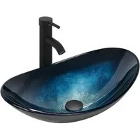 Puluomis Aufsatzwaschbecken Waschbecken Set mit Wasserhahn und Ablaufgarnitur Oval, Handgezeichnet Waschschale, Waschplätze für Badezimmer Küche WC