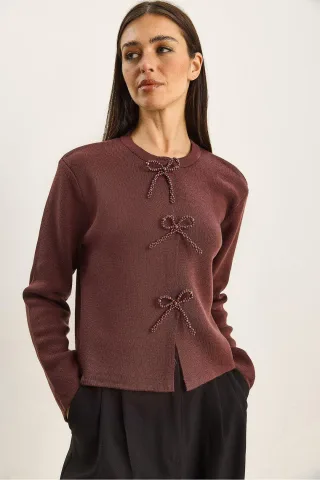 Rundhals Strick-Cardigan mit Schleifen-Detail