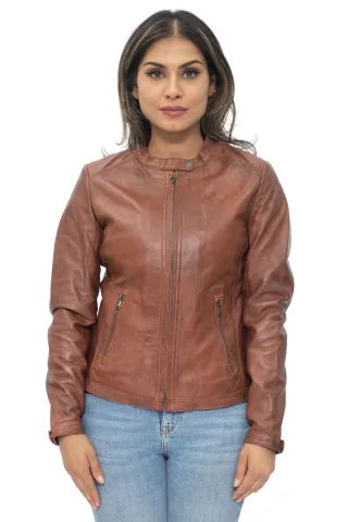Hellbraune Damen-Bikerjacke aus Leder – Prag