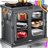 KESSER Campingschrank mit Aluminiumgestell Campingküche faltbar 84x80cm 6-Fachböden (Küchenschrank inkl. 4er Becherset, Seitentaschen & Fliegengitter) Outdoor Camping Küche UV-resistent