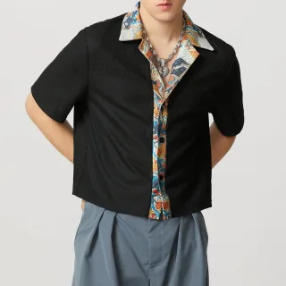 INCERUN Mens Textured Patchwork Cropped Short Sleeve Shirt Comfortable Fashion Solid Printed Edge Lapel Top
