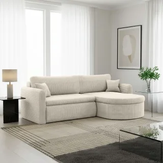 Ecksofa Schlafsofa FELIZ Stoff Poso Altweiß Ottomane Rechts