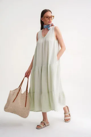 Ärmelloses V-Ausschnitt Musselin-Midikleid mit Taschen