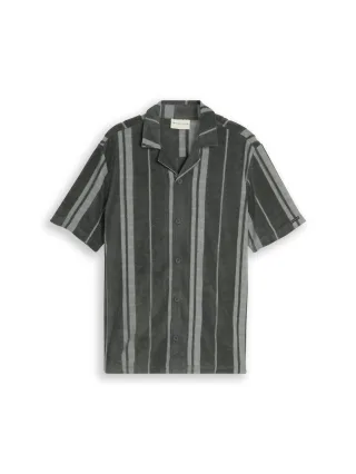 Tom Tailor - Regular Fit Frottee Kurzarmhemd mit Streifenmuster darkest olive - Gr. - L