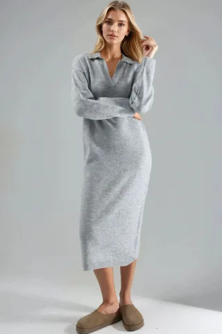 Rippstrick-Polo-Kragen Maxi-Strickkleid