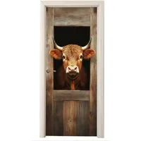 MuchoWow Türtapete Kuh - Fenster - Holz - Tiere, Matt, bedruckt, (1 St), Selbstklebende Tapete, Folie für Möbel, 75x205 cm