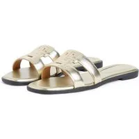 Tommy Hilfiger TH LOGO STRAP MULE GOLD Pantolette Sommerschuh, Schlüpfschuh, Flat mit Logo als Bandage