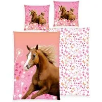 Familando Kinderbettwäsche Pferde Blumen 135x200 80x80 cm aus 100% Baumwolle mit Reißverschluss, Renforcé, 2 teilig, mit geblümter Wendeseite und zarten Rosé Tönen