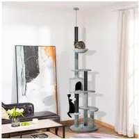 PawHut Kratzbaum Deckenhoch Katzenbaum mit Katzenhöhle, Kratzstämmen, Korb, mit Kippschutz, Grau