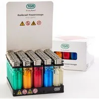 TOM Feuerzeuge Display Set Reibrad (100-St), 5 Farben, Flammeregulierung, Soft Flame