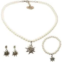 Alpenflüstern Ketten-Set Trachtenschmuck-Set Perlen-Trachtenkette, Trachten-Armband und Trachten-Ohrhänger Strass-Edelweiss (creme-weiß), - Damen-Trachten-Schmuck, Trachtenset Kette, Armkette und Ohrringe