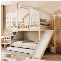 Merax Etagenbett 90x200cm (Jugendbett Doppelbett Stockbett Hausbett, 1-St), Kinderbett mit 2 Schubladen, Rutsche, Staurumtreppe & Bogenfenstern