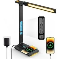 ibettertec Schreibtischlampe Schreibtischlampe, LED Schreibtischlampe, LED Tischlampe Dimmbar, Drahtlose Ladefunktion, LED fest integriert, Tageslichtweiß, warmweiß, neutralweiß, Augenschutz-Modus,Temperatur, Alarm, Kalenderfunktion