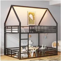 Merax Etagenbett mit LED-Beleuchtung (Hochbett Kinderhaus Hausbett, 1-St), Metallbett Kinderbett 140x200cm mit Zaungeländer Spielbereich Dach