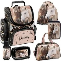 PASO Schulrucksack Mega-Set Pferde Dream Schulset 6tlg. (Schulranzen + Turnbeutel + Federmäppchen + Lunchbox + Trinkflasche + Sporttasche, 6-tlg)