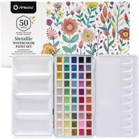 Artecho Aquarellfarbe Set- 50 Metallic Aquarellfarben Wasserfarben im praktischen Metalletui, -egal ob unterwegs oder Zuhause -für Künstler, Hobbymaler & Einsteiger