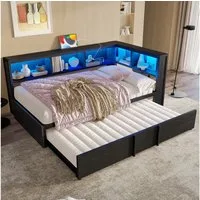 STILVORA Daybed 90x200 mit Matratze&Ausziehbett,Daybett mit Staufach,Tagesbett mit USB (LED-Beleuchtung & USB-Anschlüssen – Jugend- & Gästebett mit 5 Stauschränken, ideal für Teenager, Erwachsene & kleine Wohnungen, 1 tlg), mit Ausziehbett