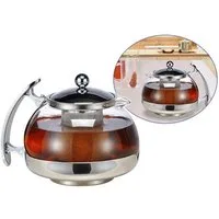 Haushalt International Teekanne Kanne mit Griff Edelsthal- Filtereinsatz Glaskanne hitzebeständig, 1,2 l, verchromter Griff - Edelstahl-Deckel