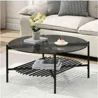 FINEBUY Couchtisch FB111842 Wohnzimmertisch Glas Metall 80 cm Schwarz Rund Sofatisch (Sofatisch Glas Rund 80 cm Schwarz Industrial), Wohnzimmertisch mit Ablage, Metallgestell Modern