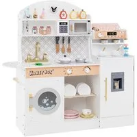 COSTWAY Spielküche Holz, Kinderküche mit Mikrowelle, Spüle, Holz
