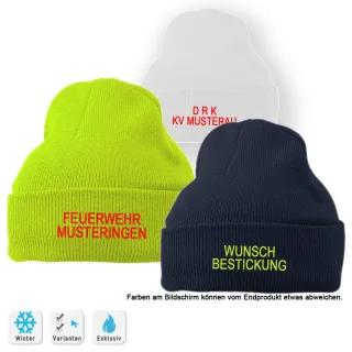 Wintermützen mit Wunsch-Bestickung in verschiedenen Farben | personalisierbare Mütze | unisize | doppelt gestrickt | Feuerwehrgeschenk dunkelblau (navy) neon-gelb 1-zeilig