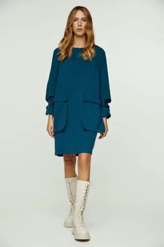 Petrolblaues Kleid mit Taschen aus Tencel