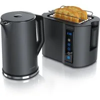 Arendo Frühstücks-Set Edelstahl Wasserkocher 1,5l, 2-Scheiben Kurzschlitz Toaster, Cool Grey (2-tlg), Wasserkocher mit Temperatureinstellung, Toaster Brötchenaufsatz, Touch