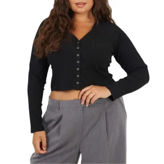 Brave Soul - Kurzes Top für Damen, V-Ausschnitt, Plus, Langärmlig (Schwarz)
