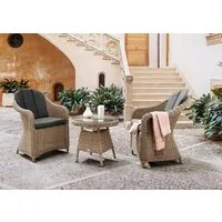 Destiny Balkonset MALAGA 2 Se + Kaffeetisch Ø 60x55cm, natur meliert, (Set, 7-tlg., 2 Sessel inkl. Polster, 1 Tisch mit aufgelegter Glasplatte), Aluminium, Polyrattan