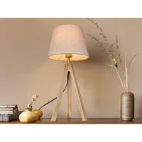 meineWunschleuchte Tischleuchte mit Holz & Leinen Lampenschirm Höhe 55cm, ohne Leuchtmittel, große Tischlampe skandinavisch, Beistelllampe mit E27 Stoffschirm