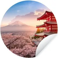 MuchoWow Wandsticker Pagode - Sakura - Fuji - Blütenzweige - Japan (1 St), Wandtattoo Selbstklebend, Wohnzimmer Deko Aufkleber, 30x30 cm